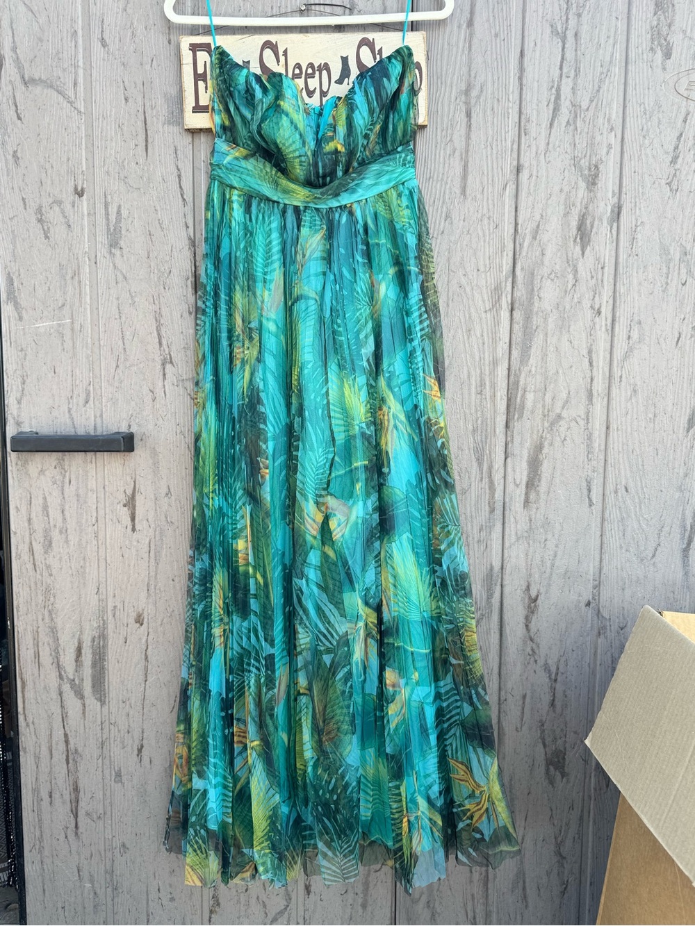 Fashion Nova Teal & Green Tropical Leaf Gown